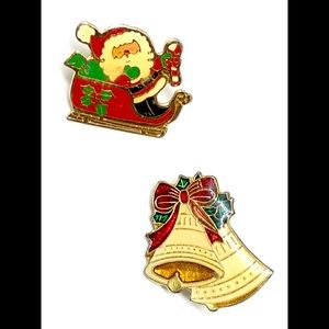 Vintage Christmas Bell and Santa Sleigh Enamel Brass Scatter and Tac Pin Bundle
